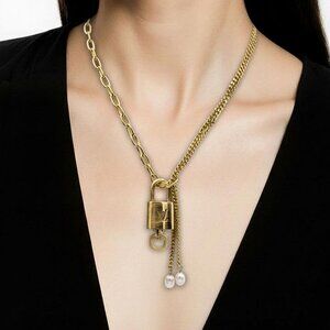 Stainless Steel Gold-Plated Necklace with Authentic Louis Vuitton Padlock